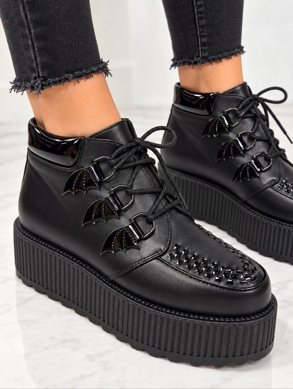 Strange Cvlt Super Kreep Lo Black Platform Creepers Women’s Size 10 Goth Bat